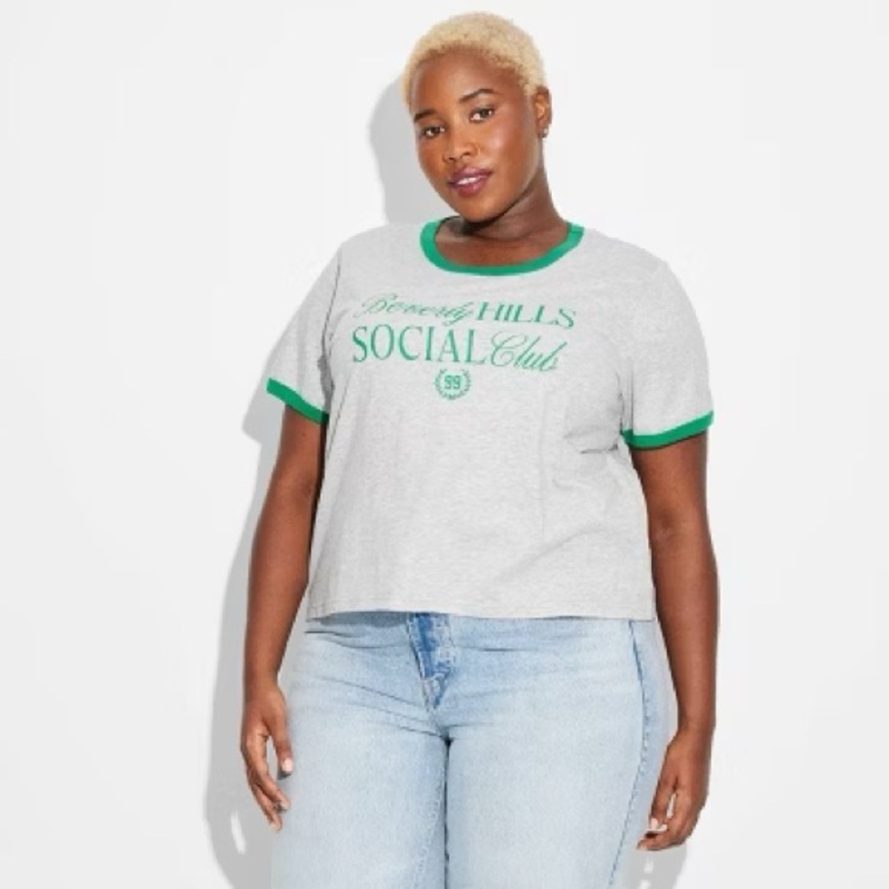 Mighty Fine Beverly Hills Gray Tee with Green Trim, M